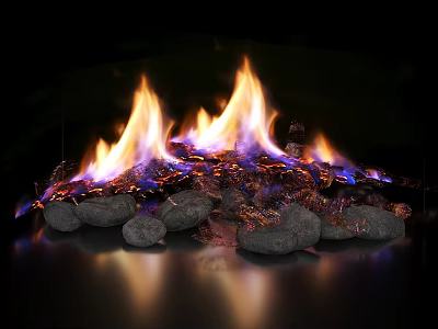 Vibrant Flaming Fire Display With Colorful Flames And Stones On Black Reflective Surface 3d model