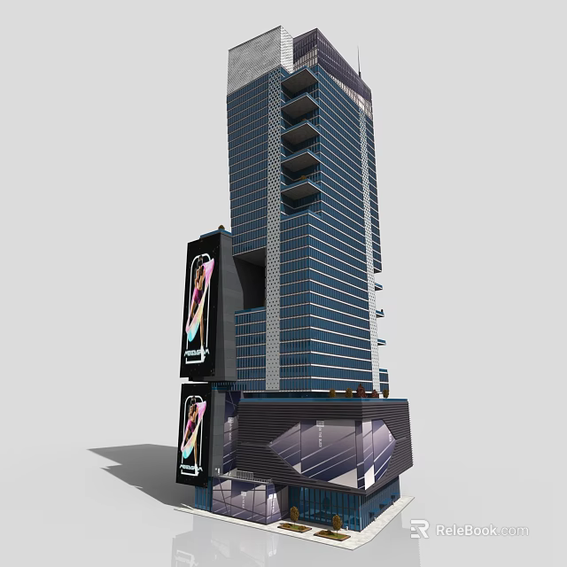 Tall Modern Commercial Complex Building With Glass Curtain Walls And Large Billboards 3d model 