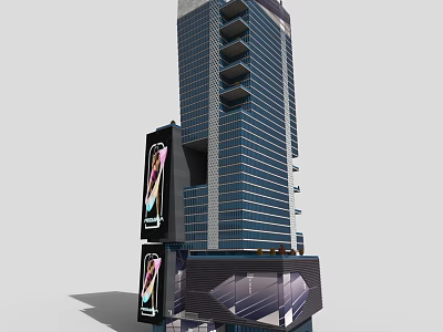 Tall Modern Commercial Complex Building With Glass Curtain Walls And Large Billboards 3d model