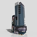 Tall Modern Commercial Complex Building With Glass Curtain Walls And Large Billboards