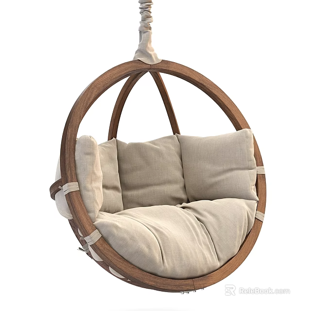 Cozy Round Hanging Chair with Wooden Frame and Beige Cushions for Comfortable Relaxation 3d model 