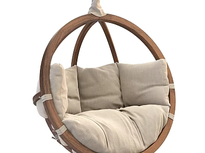 Cozy Round Hanging Chair with Wooden Frame and Beige Cushions for Comfortable Relaxation 3d model