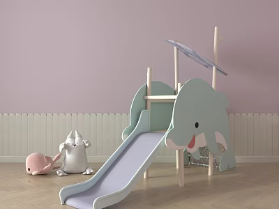Colorful Inflatable Dolphin Shaped Slide in Kids Room with Pink Walls and Plush Toys 3d model