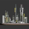 Cartoon City Scene 3D Model with Tall Buildings and Urban Architectural Structures