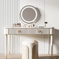 Modern Dressing Table with Striped Panel Round Mirror Gold Handles and Cosmetics 3d model