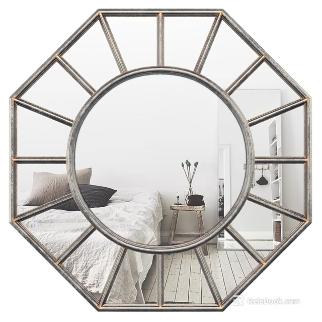 Octagonal Mirror With Vintage Metal Frame Reflecting Bedroom Interior And Bedside Table 3d model 