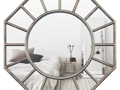 Octagonal Mirror With Vintage Metal Frame Reflecting Bedroom Interior And Bedside Table 3d model