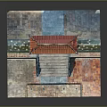 Traditional Chinese Architecture Model With Red Door Orange Roof Gray Walls And Steps