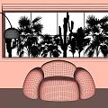 Pink Fluffy Single Sofa In Pastel Pink Room With Palm Trees And Cacti View