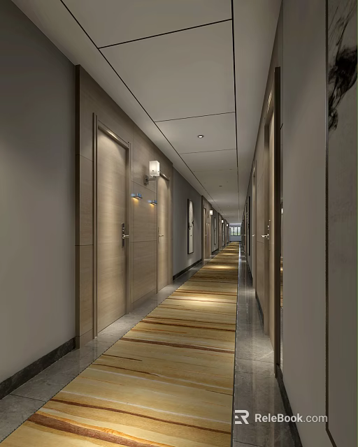 Modern Hotel Corridor Interior Design With Guest Room Doors Lighting Fixtures And Striped Carpet 3d model 