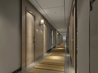 Modern Hotel Corridor Interior Design With Guest Room Doors Lighting Fixtures And Striped Carpet 3d model