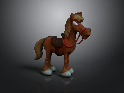 Cartoon style pony cartoon pony brown pony black saddle red bridle blue hooves light gray background low polygon cute animal 3d model