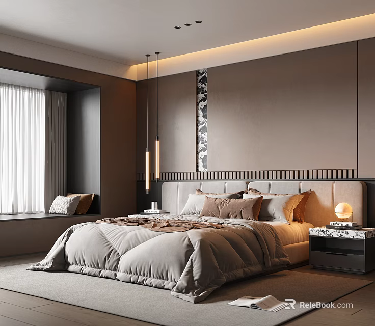 Modern Elegant Bedroom With Gray Tones Large Bed Headboard Pendant Lights Nightstand And Bay Window 3d model 