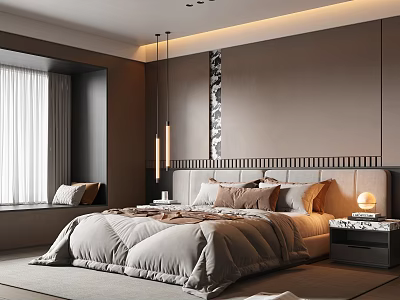 Modern Elegant Bedroom With Gray Tones Large Bed Headboard Pendant Lights Nightstand And Bay Window 3d model