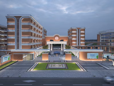School Building Complex With Red Brick Exterior Grand Gate Central Lawn And Landscaped Lighting 3d model