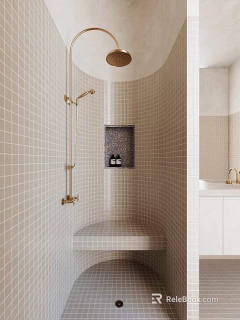 Bathroom Interior With Beige Tiled Walls Golden Shower Fixtures Recessed Niche And White Vanity 3d model 