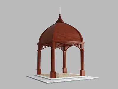 Red Wooden Gazebo with Dome Roof and Decorative Columns on White Base with Tile Floor 3d model