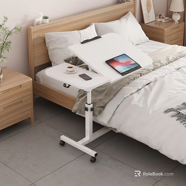 Rolling White Bedside Table with Wheels for Bed Coffee Cup Smartphone and iPad 3d model 