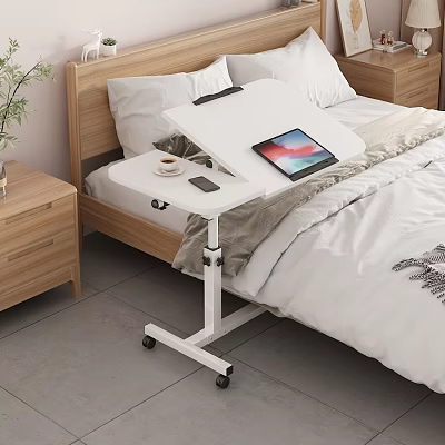 Rolling White Bedside Table with Wheels for Bed Coffee Cup Smartphone and iPad 3d model