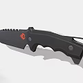 Tactical Black Knife With Serrated Blade Textured Handle And Red Logo Design