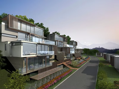 Modern Hotel Building Built on Hillside with Glass Curtain Walls Greenery Pathway and Distant Mountains 3d model