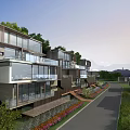Modern Hotel Building Built on Hillside with Glass Curtain Walls Greenery Pathway and Distant Mountains