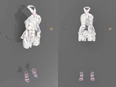Floral Patterned Short Sleeve Dress With Stylish Sandals For Summer Outfit 3d model
