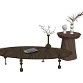 Oval Dark Wood Coffee Table With Decorative Vases Book And Side Table Decorations 3d model