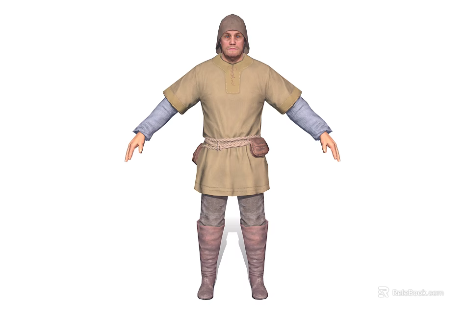 Medieval Character In Beige Tunic With Blue Sleeves And Brown Boots Standing Pose 3d model 