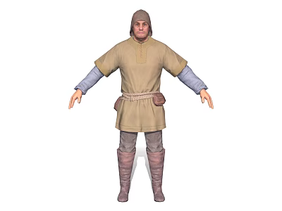 Medieval Character In Beige Tunic With Blue Sleeves And Brown Boots Standing Pose 3d model