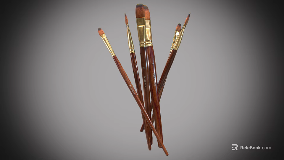 Artistic Paintbrushes with Wooden Handles and Gold Metal Ferrules Various Bristle Shapes for Art Projects 3d model 