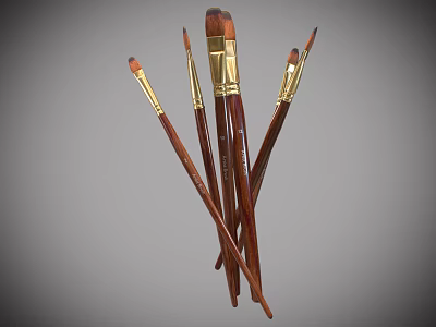 Artistic Paintbrushes with Wooden Handles and Gold Metal Ferrules Various Bristle Shapes for Art Projects 3d model
