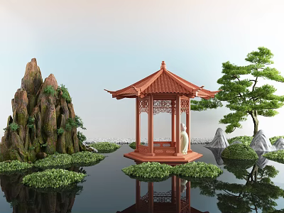 Traditional Chinese Garden Ornament With Red Tiled Pavilion Rockery Pine Tree And Water Reflection 3d model