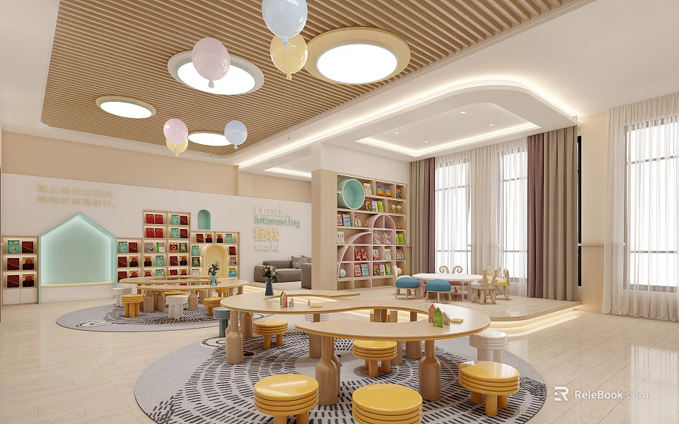 Modern Kindergarten Interior With Round Tables Yellow Stools Bookshelves And Colorful Lanterns 3d model 