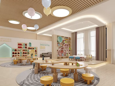 Modern Kindergarten Interior With Round Tables Yellow Stools Bookshelves And Colorful Lanterns 3d model