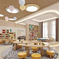 Modern Kindergarten Interior With Round Tables Yellow Stools Bookshelves And Colorful Lanterns