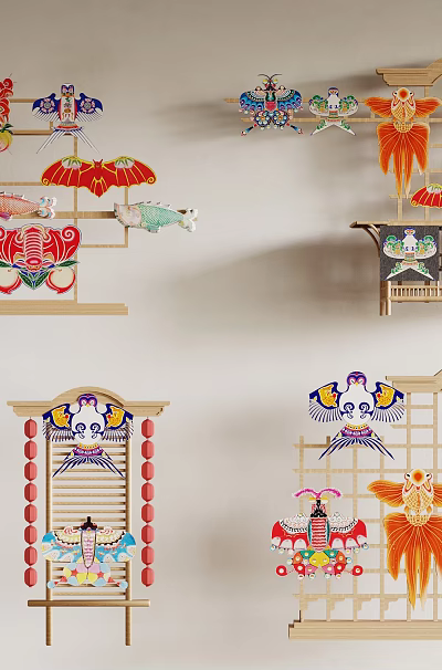 Elegant Wooden Display Shelves With Colorful Traditional Kites And Decorative Ornaments 3d model