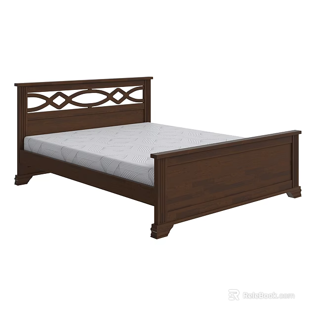 Traditional Double Bed With Carved Wooden Headboard Sturdy Frame And Patterned Mattress 3d model 
