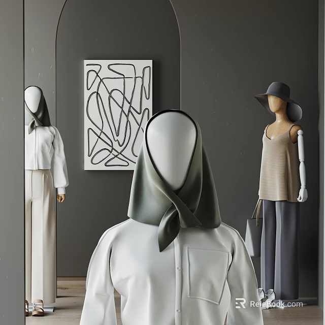 Mannequins In Stylish Outfits With Hijabs Hats And Black And White Line Art 3d model 