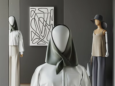 Mannequins In Stylish Outfits With Hijabs Hats And Black And White Line Art 3d model