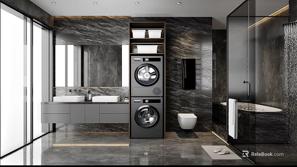 Modern Bathroom Interior With Marble Walls Double Washers Sinks Toilet And Glass Shower 3d model 