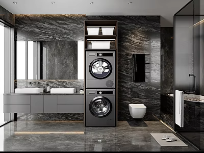 Modern Bathroom Interior With Marble Walls Double Washers Sinks Toilet And Glass Shower 3d model