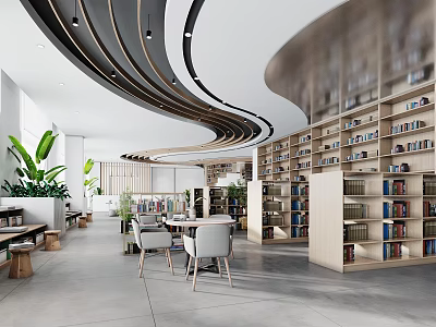 Modern Library Interior With Bookshelves Seating And Plants 3d model