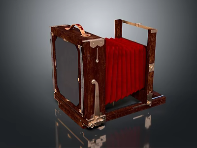 Vintage Computer With Brown Wooden Frame Red Folding Section And Metal Details 3d model