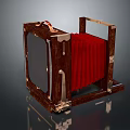 Vintage Computer With Brown Wooden Frame Red Folding Section And Metal Details
