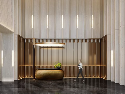 Modern Hotel Lobby Interior Featuring Vertical Wooden Panels Gold Accents Reception Counter And Lighting 3d model