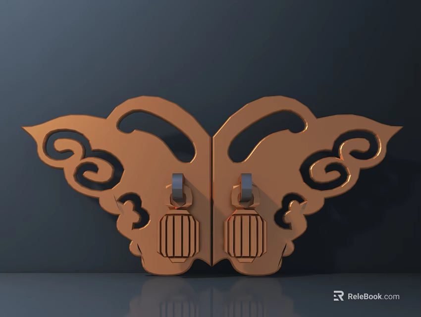 Butterfly Shaped Copper Door Handle with Intricate Patterns Chinese Style Design 3d model 