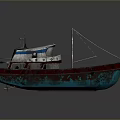 Weathered Old Boat With Red Blue Hull Mast And Deck Equipment