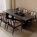 Modern Dining Table And Chairs With Black Rectangular Top Six Wooden Frames Brown Seats 3d model