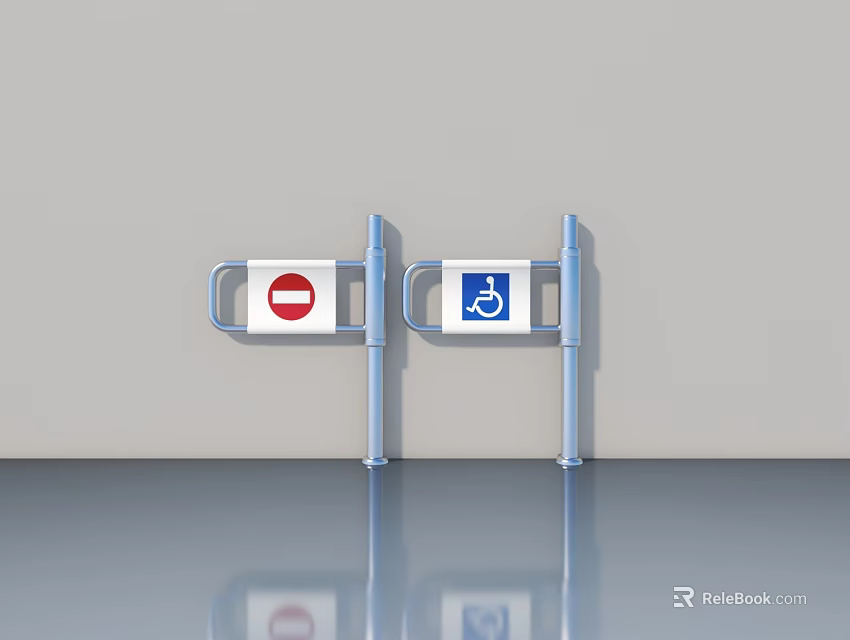 Metal Swing Door With Prohibition And Barrier Free Signs On Metal Brackets Gray Wall 3d model 